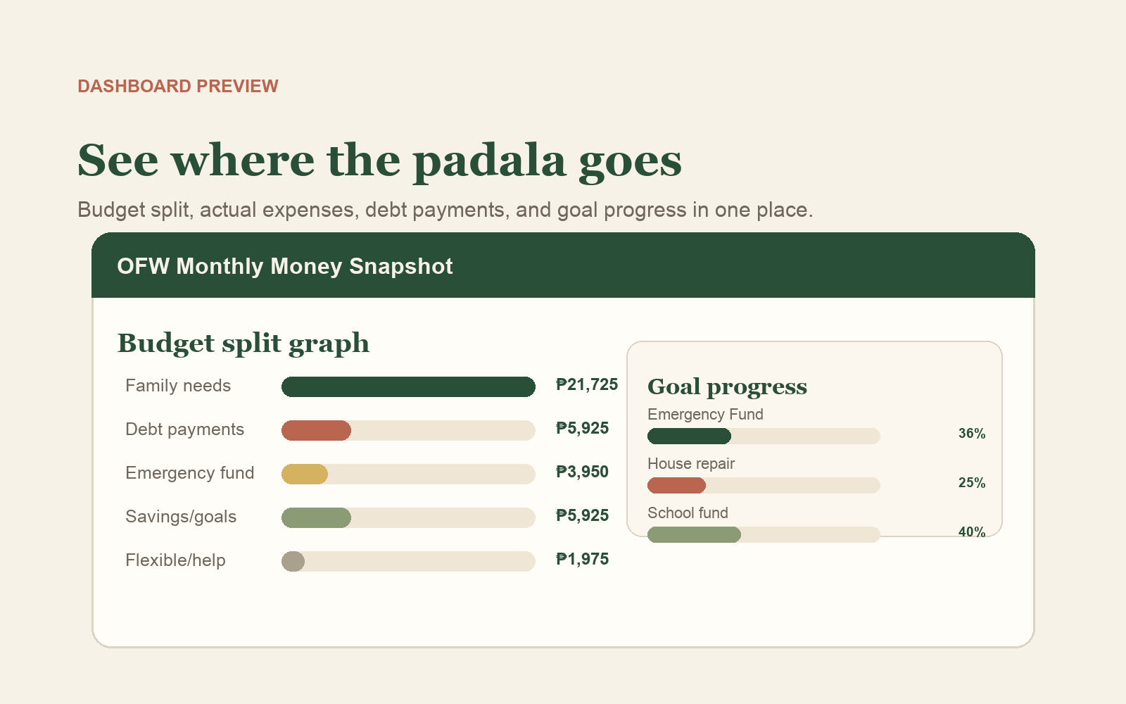 OFW Padala and Family Budget Kit dashboard with charts, category split, goals, channels, and status