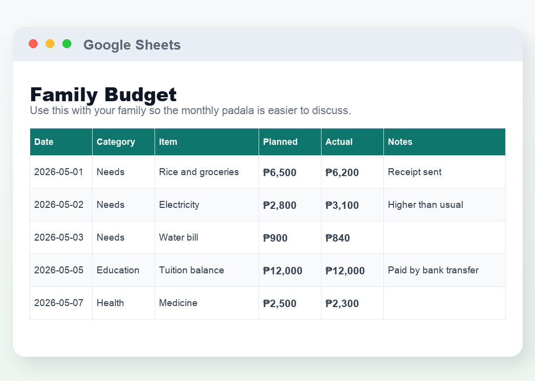 Family Budget: Main Table