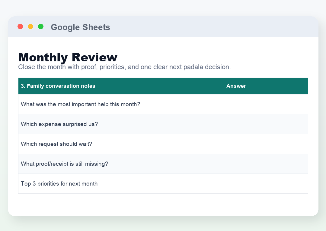 Monthly Review: Family Notes