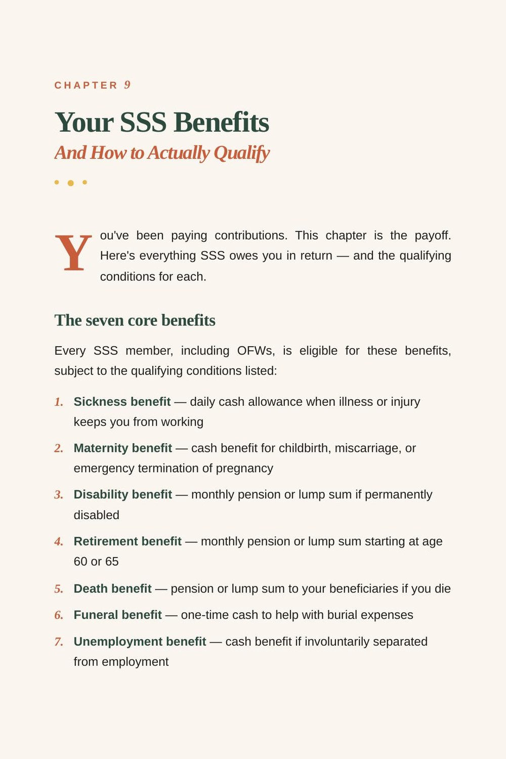 Actual SSS benefits chapter page from the guide