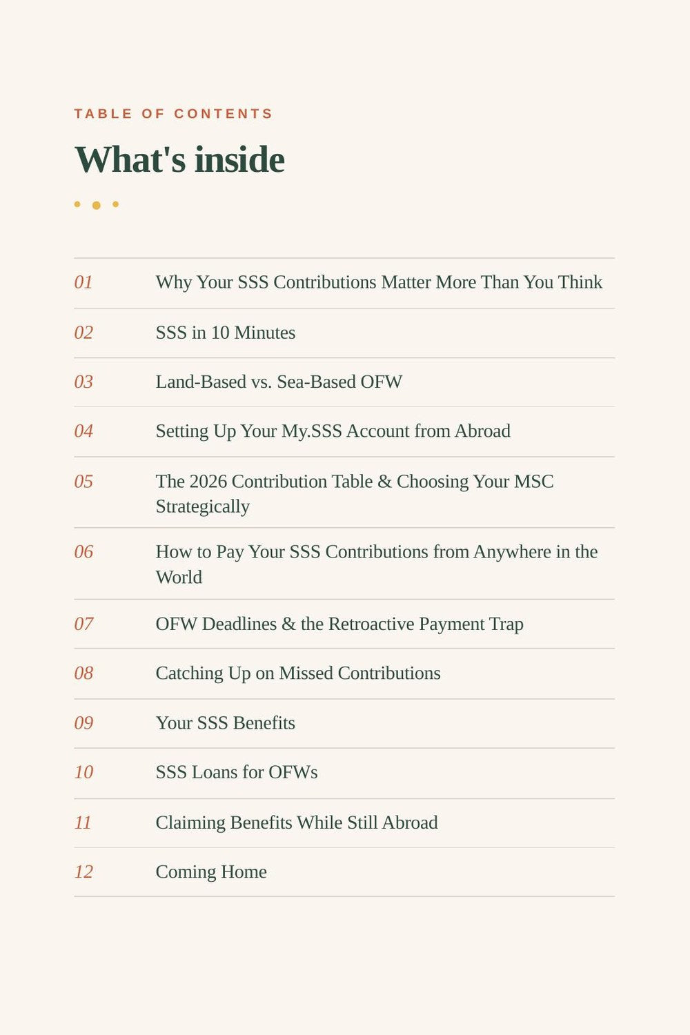 Actual table of contents page from The OFW's Complete SSS Guide